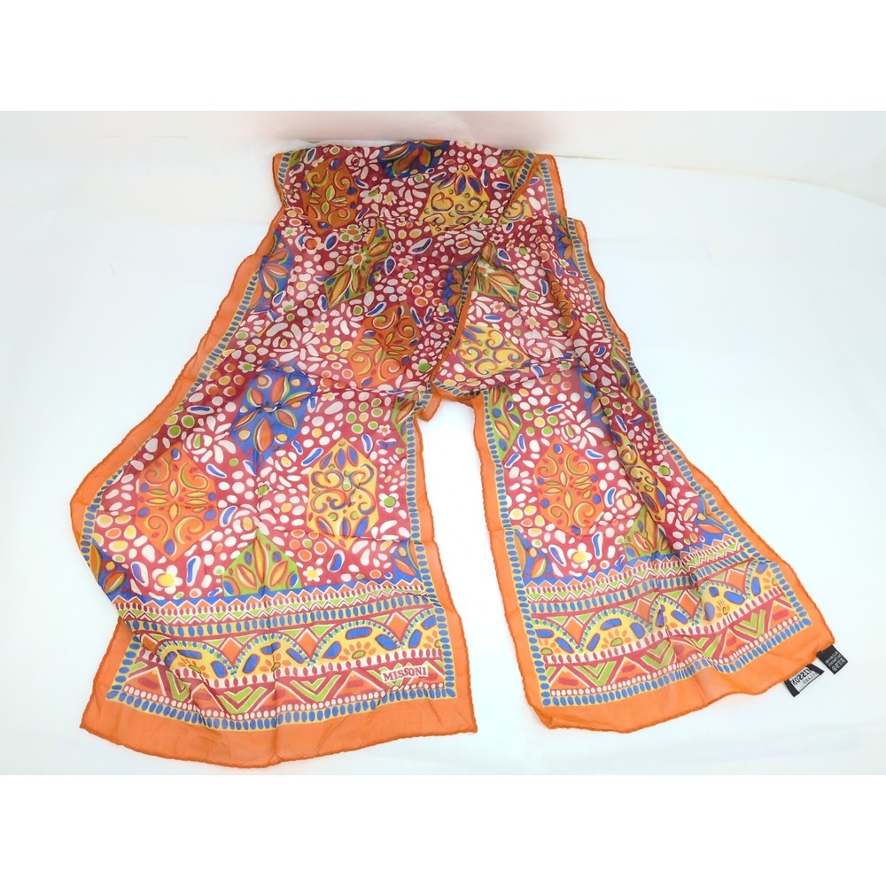 MISSONI Foulard Silk Scarf Orange Red 12"x50" Boho Floral Geometric Print Italy